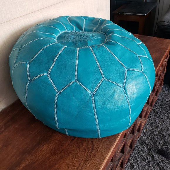 Moroccan Leather Pouf Poof Ottoman Teal Blue Handmade Home Decor Accent stool